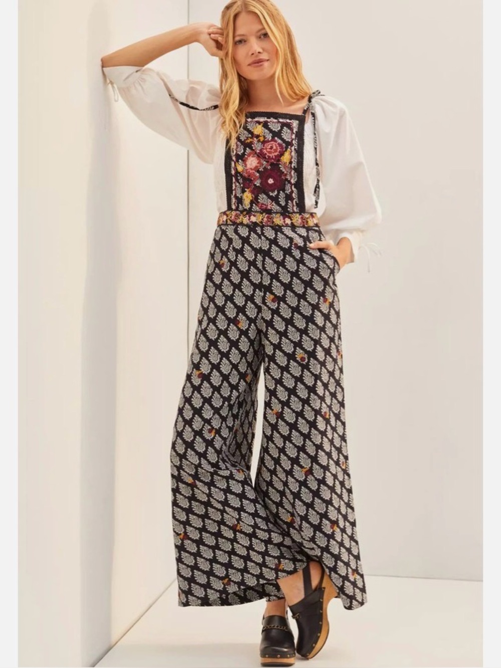 Anthropologie Black Floral-Print Wide-Leg Jumpsuit with Embroidered Bib